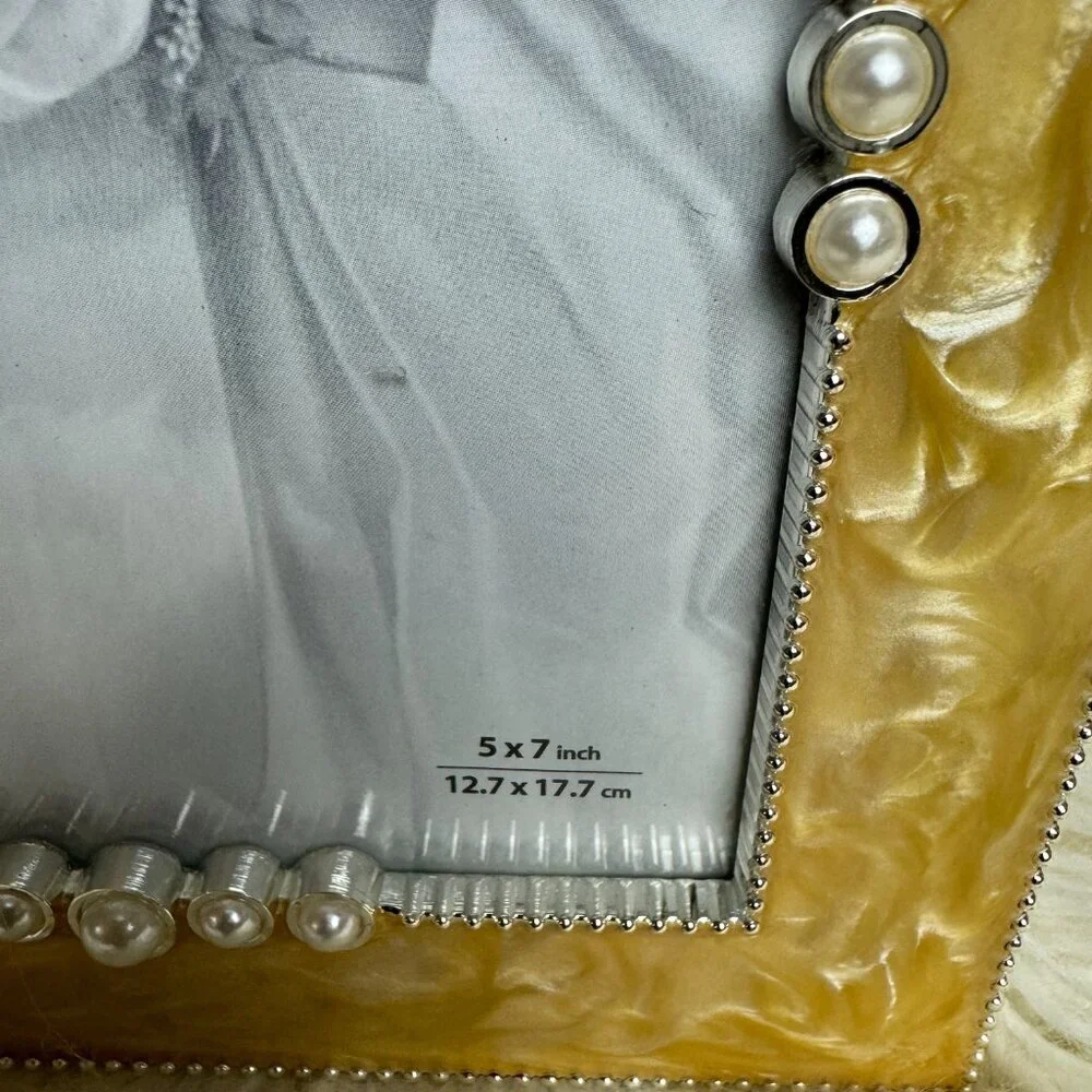 NEW Yellow Enamel Metal Picture Frame Decorated Pearl